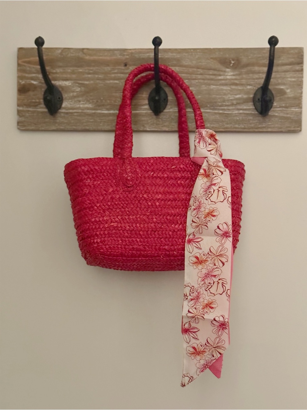 Red Woven Straw Handbag with Scarf